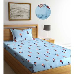 Arrabi Blue Graphic TC Cotton Blend Single Size Fitted Bedsheet with 1 Pillow Cover - Multicolour-image-43