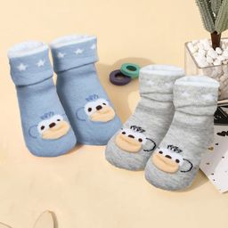 Baby Moo Pack Of 2 Pair Baby Monkey Applique Detailed Anti Skid Socks -  Blue-image-62