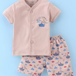 Cucumber Sinker Knit Half Sleeves Night Suit Birds Print -Ivory-image-54
