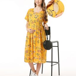 Bella Mama Woven Half Sleeves Maternity Dress With Pocket Floral Print - Yellow-picture-25