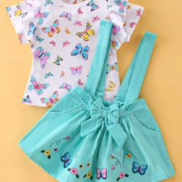 ToffyHouse Half Sleeves Top & Skirts With Butterfly Print & Embroidery - White & Blue-picture-1