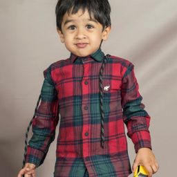 Polka Tots  Full Sleeves Window Pane Checked   Hooded Shirt - Red-image-41