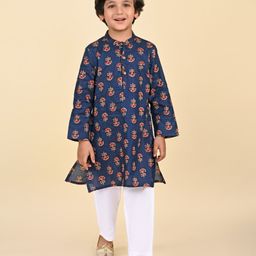 Babyhug Cotton Woven Hand Block Printed Full Sleeves Kurta Pyjama Set - Navy Blue-image-29
