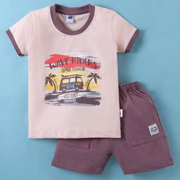 Teddy Sinker Knit Half Sleeves T-Shirt & Shorts Set with Beach Theme - Peach-image-25