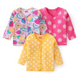 Babyhug 100% Interlock Cotton Knit Full Sleeves Front Open Vests with Polka Dots & Floral Print Pack of 3 - Yellow & Pink-picture-7