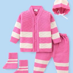 Babyhug Knit Full Sleeves Front Open Sweater & Pant Set with Cap and Booties Stripes Design - Pink-picture-19