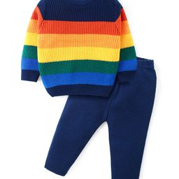 Babyhug Knitted Full Sleeves Pullover Sweater Set With Stripes Design - Navy Blue-image-125