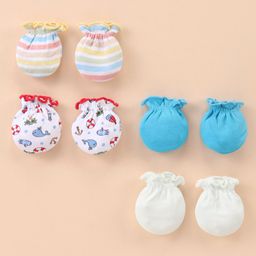 Ben Benny 100% Cotton Knit Nautical Printed & SolidMittens Pack of 4 - White & Blue-image-21