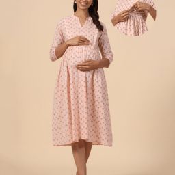 CRAFIQA Three Fourth Sleeves Abstract Printed Maternity Dress With Concealed Zipper Nursing Access - Baby Pink-image-21