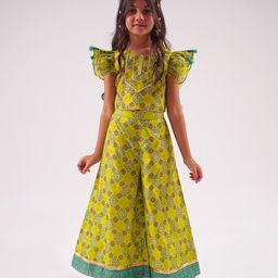 Lil' Drama Frill Sleeves Ethnic Printed Top & Pant Set - Green-image-1