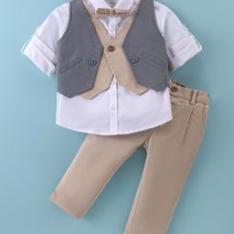 ToffyHouse 100% Cotton Woven Full Sleeves Solid Colour 3 Piece Party Suit - Tan White & Grey-image-12