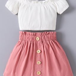 Kookie Kids Cotton Off Shoulder Solid Color Top & Skirt Set - White Pink-image-50