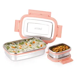 ATTRO Click Eat Junior Stainless Steel Lunch Box with 1 Small Box - Peach-picture-47