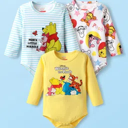 Babyhug Disney Cotton Knit FullSleeves Onesies with Winnie The Pooh Graphics Pack Of 3 - Yellow White & Blue-picture-2