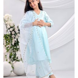 misbis Silk Full Sleeves Floral Embroidered Kurta & Palazzo With Dupatta Set - Sky Blue-image-9