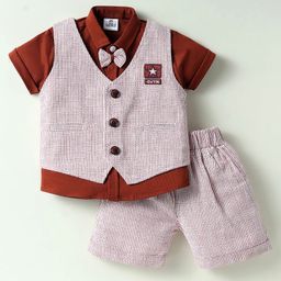 Mini Taurus Sinker Knit Half Sleeves Striped 3 Piece Party Suit With Bow Applique - Rust Orange-image-24