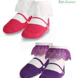 Babyoye Cotton Bamboo Knit Socks with Organza Lace Pack of 2 - Red & Purple-image-90