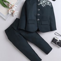 Fourfolds Full Sleeves Floral Embroidered Stones Embellished Blazer & Trousers Set - Dark Green-image-33