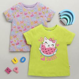 BUMZEE Cotton Knit Half Sleeves T-Shirts with Animal Print Pack of 2 - Lavender & Limegreen-image-77