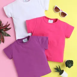 Knitting Doodles Pure Cotton Pack Of 3 Half Sleeves Solid Tee - White Purple & Dark Pink-picture-10