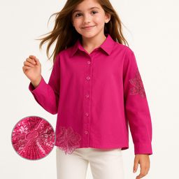 Arias Cotton Woven Full Sleeves Partywear Top with Embellished Floral Applique - Dark Pink-image-86