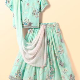 Babyhug Woven Half Sleeves Lehenga Choli & Dupatta Set With Floral Embroidery - Aqua-image-9