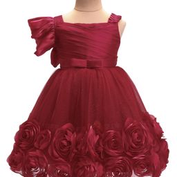 Rassha Half Frill Sleeves Floral & Bow Applique Detailed Knee Length Dress - Maroon-image-5