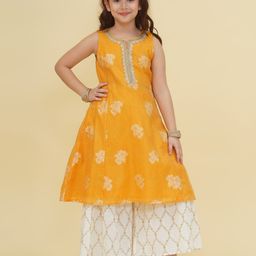Bitiya By Bhama Silk Woven Sleeveless Floral Printed Lace & Sequins Embellished Kurta Sharara Set - Yellow-image-27