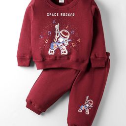 Tango Fleece Knit Full Sleeves Winter Wear Suit Set with Astronaut Print - Chocolate Red-picture-34