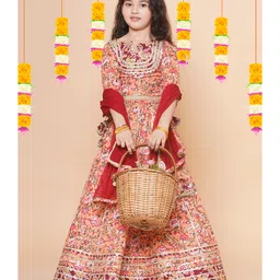 Bitiya By Bhama Cotton Blend Woven Three Fourth Sleeves Gota Lace Embellished & Floral Printed Lehenga & Choli With Dupatta Set - Peach-picture-12