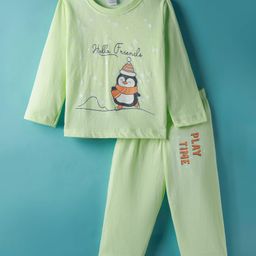 Tango Single Jersey Knit Full Sleeves T-Shirt & Lounge Pant Set with Penguin Print - Light Green-image-113
