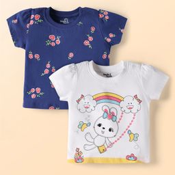 Doodle Poodle 100% Cotton Knit Half Sleeves T-Shirt with Bunny & Floral Print Pack of 2 - Navy Blue & White-picture-14