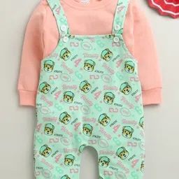BUMZEE Cotton Knit Full Sleeves Dungaree & Tee With Animal Print - Mint Green-picture-30