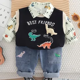 Googo Gaaga Cotton Knit Full Sleeves Dino Printed Shirt Jeans With Light Winter Sweatshirt Set - Black-picture-37