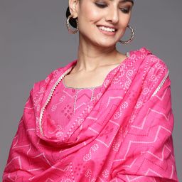 Libas Women Pink Bandhani Printed Gotta Patti Pure Cotton Kurta with Trousers & With Dupatta-32