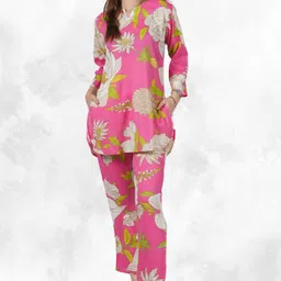 NEYSA Floral Printed Notch Neck Pure Cotton Tunic With Trousers-picture-23