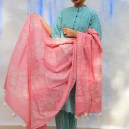 Chidiyaa Pink Handprinted Pure Cotton Dupatta SKD-picture-24
