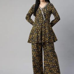 Cottinfab Yellow & Black Printed Co-Ord Set-6