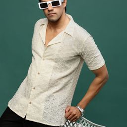 Sangria Men Modern Cuban Collar Self Design Cotton Casual Shirt-image-64