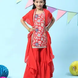 BIBA Girls Red Floral Print Kurta, Sharara with Dupatta-image-10