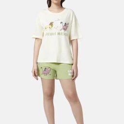 Dreamz by Pantaloons Cream & Green Cotton Graphic Print T-Shirt Shorts Set-image-52
