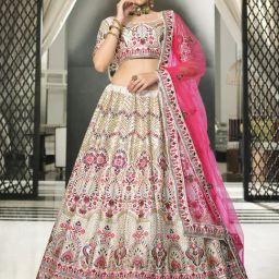 SHUBHKALA White & Pink Silk Embroidered Lehenga and Choli Set With Dupatta-image-16