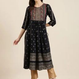 SHOWOFF Navy Cotton Printed Kurta-image-0