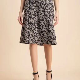 Moomaya Black & Off White Floral Print Skirt-image-47