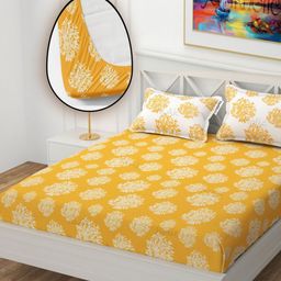 YaAkholic Yellow & Off White Ethnic Motifs 210 TC Queen Bedsheet with 2 Pillow Covers-image-99