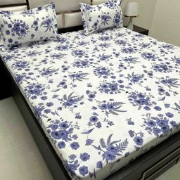 Pure Decor White & Blue Floral 260 TC Queen Bedsheet with 2 Pillow Covers-picture-36
