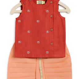 Tiber Taber Sleeveless Mini Elephant Embroidered Detail Kurta With Pleated Dhoti - Red-image-9