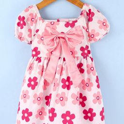 Mark & Mia Half Sleeves Floral Print Frock With Bow Applique - Pink-image-85