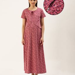Nejo Pure Cotton Half Sleeves Botanical Garden Floral Theme Printed Maternity & Nursing Night Dress With Concealed Zipper - Orchid Pink-image-69