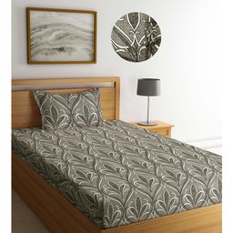 Arrabi Grey Floral TC Cotton Blend Single Size Fitted Bedsheet with 1 Pillow Cover - Multicolour-image-69